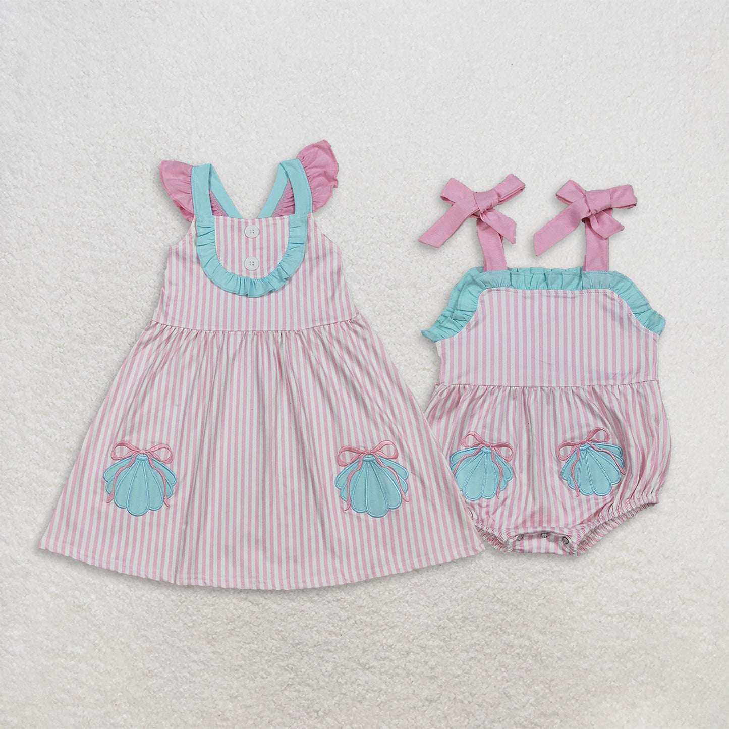 RTS NO MOQ Sibling milk silk Baby Girls Embroidery Bow Shells Pink Stripe Button Knee Length Dresses Ruffle Rompers