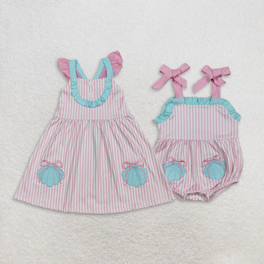 RTS NO MOQ Sibling milk silk Baby Girls Embroidery Bow Shells Pink Stripe Button Knee Length Dresses Ruffle Rompers