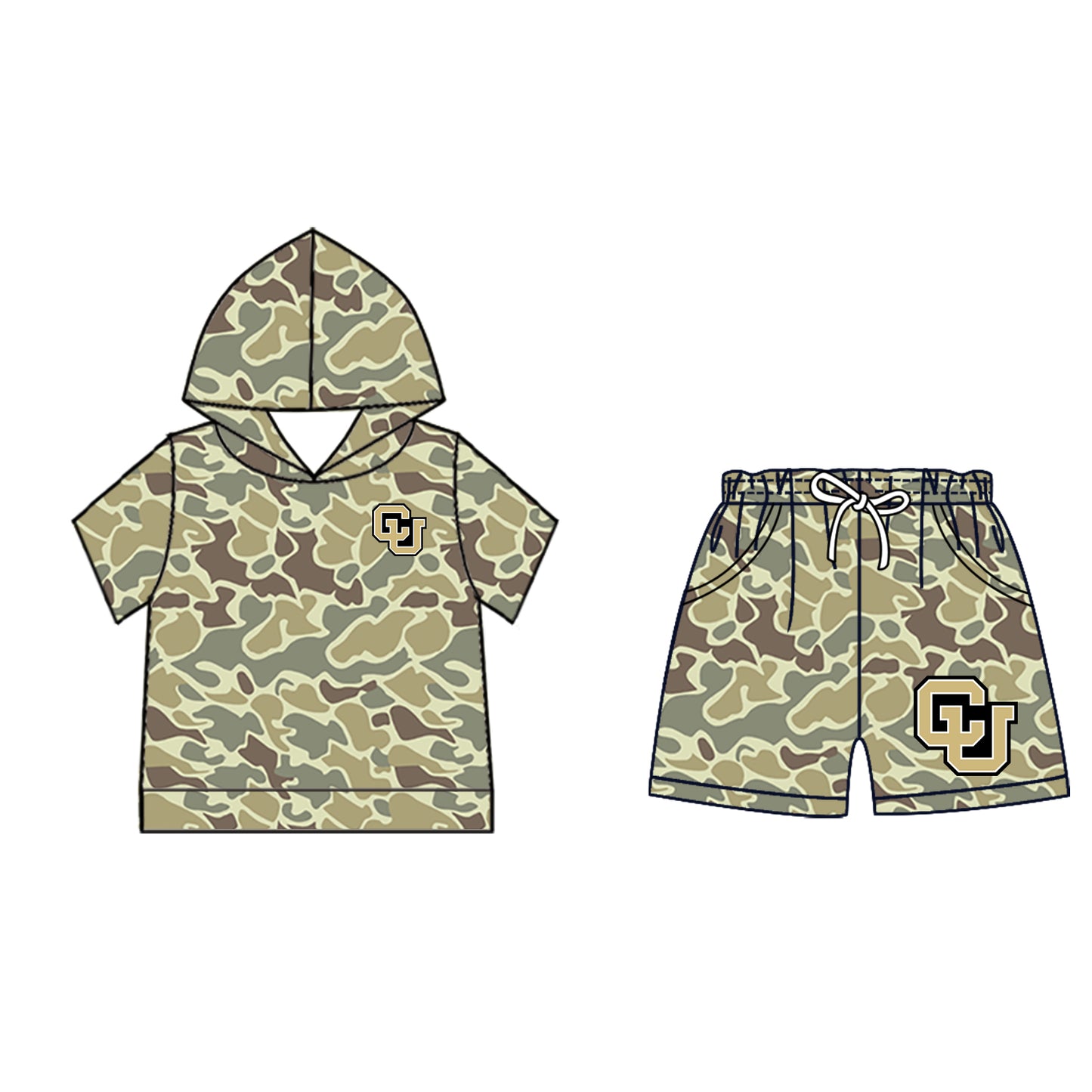 Custom moq 5 mix size milk silk summer teams Camo Hooded Short Sleeve Top Shorts Set Ice Cream Drips Hooded Top with Matching Shorts For Baby