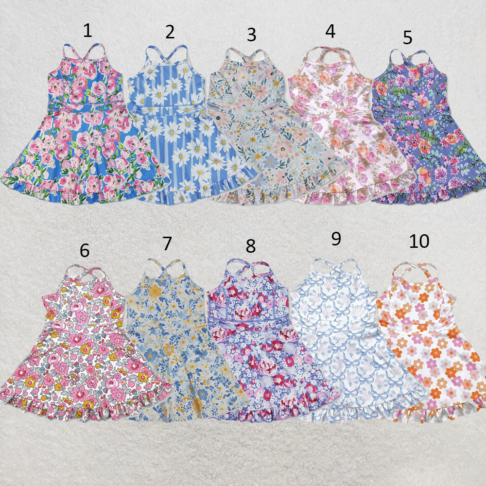 RTS NO MOQ Sibling yoga fabric Baby Girls Colorful Flowers Sleeveless Strap Ruffle Yoga Dresses