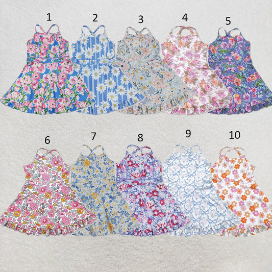 RTS NO MOQ Sibling yoga fabric Baby Girls Colorful Flowers Sleeveless Strap Ruffle Yoga Dresses