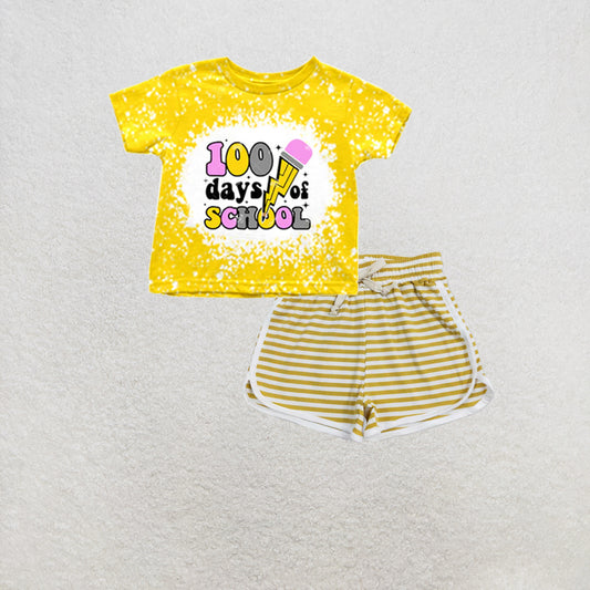 RTS NO MOQ GT0387+SS0210 Baby Girls 100 Days Of School Short Sleeve Tee Shirts Tops Stripes Shorts Set