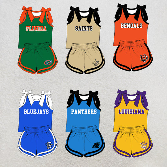 custom moq 5 mix size XY071401 Baby Girls Bow Sleeveless Tank Top Elastic Waist Shorts Team Outfit
