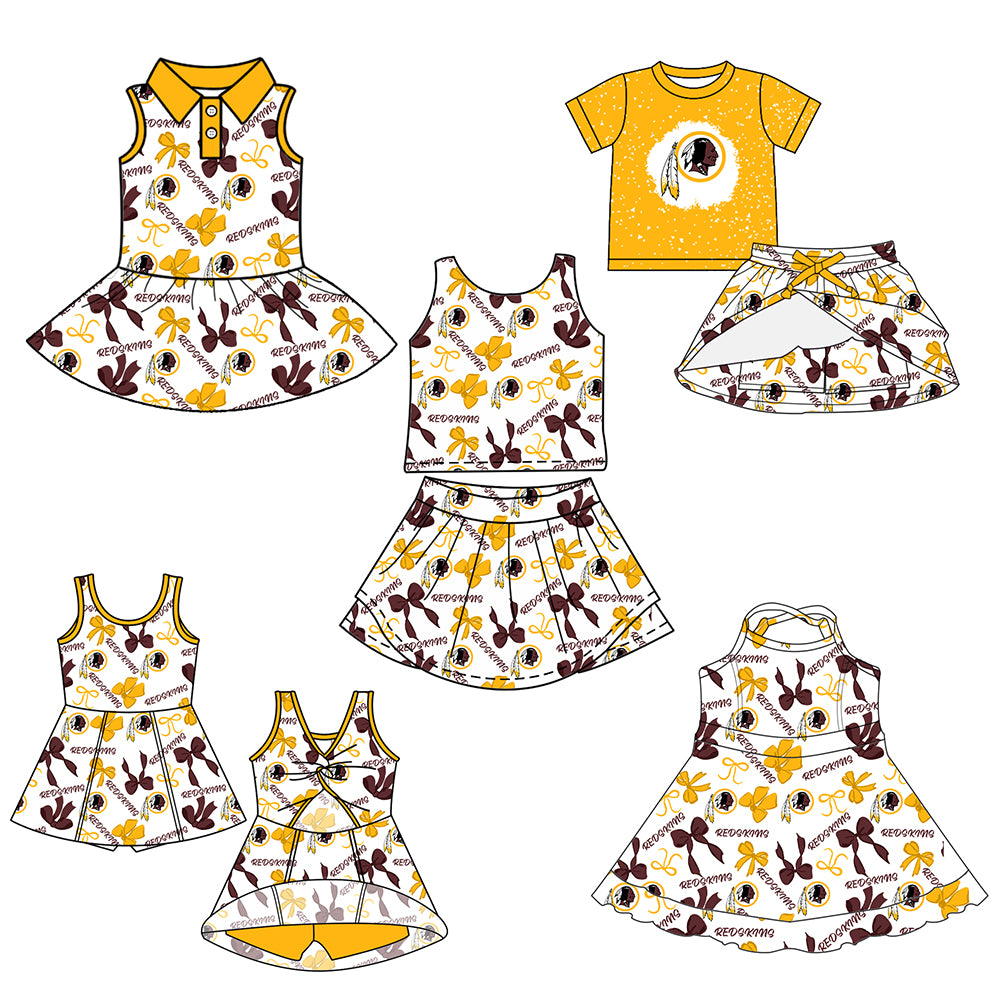 Custom moq 5 mix sizes summer teams baby girls clothes team yellow short sleeve skirts shorts sets 1 and skirts sets 2 and dress 1 and dress 2 and dress 3 and dress 4-25.6.9