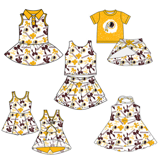 Custom moq 5 mix sizes summer teams baby girls clothes team yellow short sleeve skirts shorts sets 1 and skirts sets 2 and dress 1 and dress 2 and dress 3 and dress 4-25.6.9
