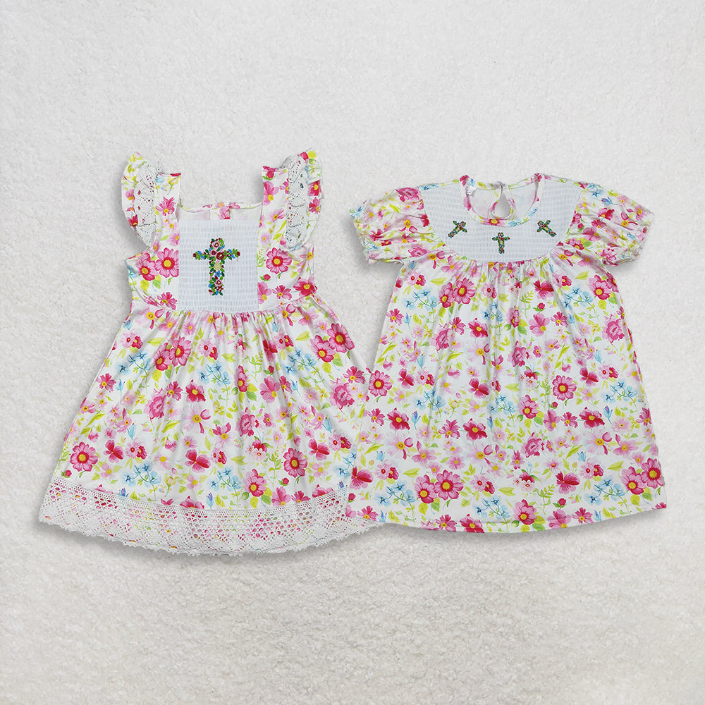 RTS NO MOQ Sibling Baby Girls Smocked Floral Crosses Knee-Length Easter Dresses