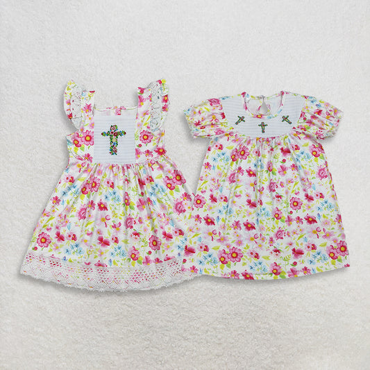 RTS NO MOQ Sibling Baby Girls Smocked Floral Crosses Knee-Length Easter Dresses