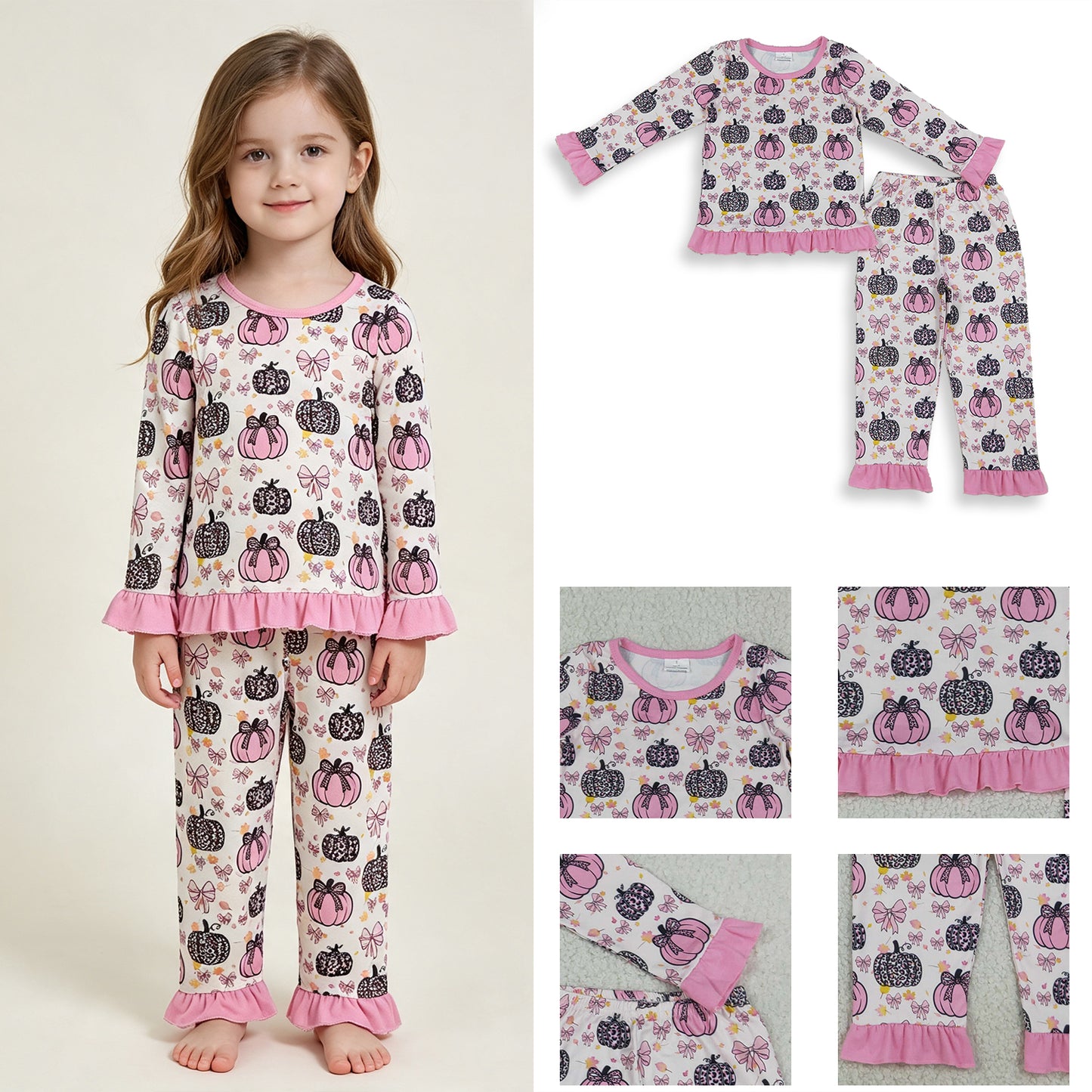 RTS No moq milk silk GLP3350 Baby Girls Pink Bow Leopard Pumpkin Print Long Sleeve Top Ruffle Pant Two Piece Fall Pajama Set（副本）