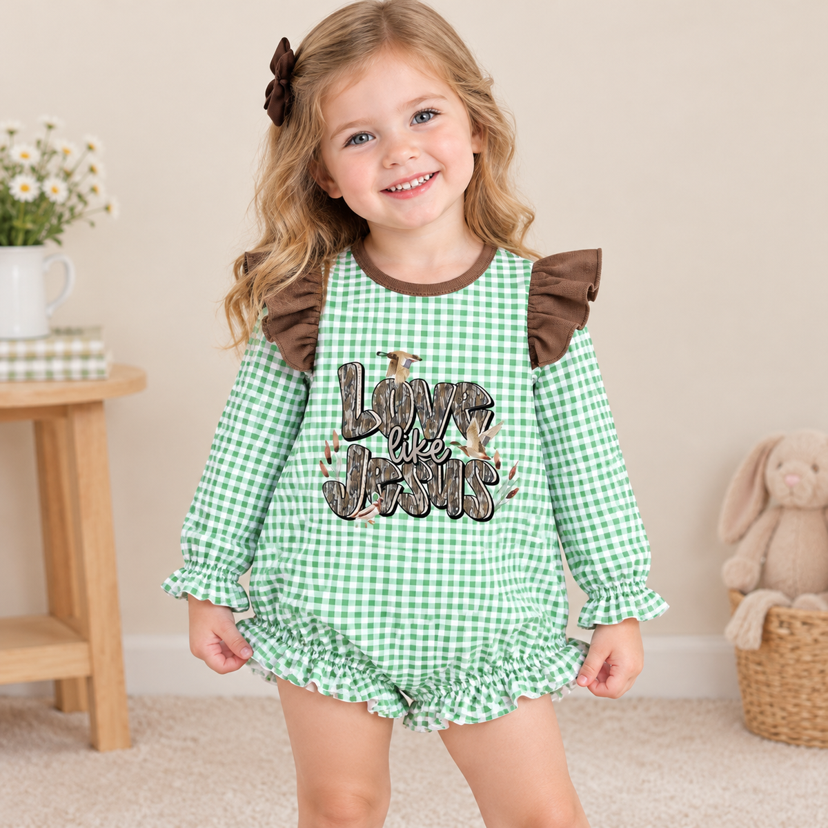 NEW RTS NO MOQ milk silk LR2551 Baby Girls Green Plaid Ducks Casual Rompers