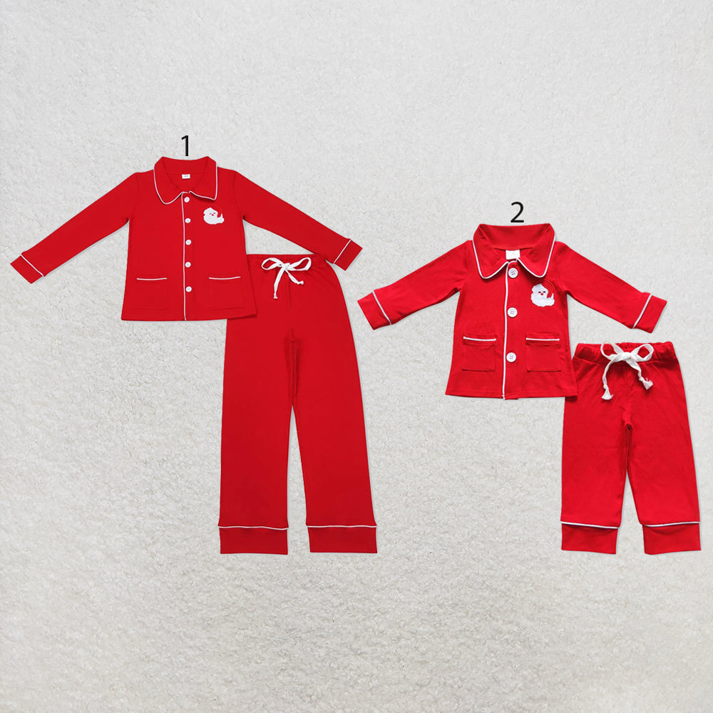 RTS NO MOQ milk silk Sibling Christmas Adult To Match Kids Red Santa Print Long Sleeve Button Front Top Pants Christmas Pajama Set