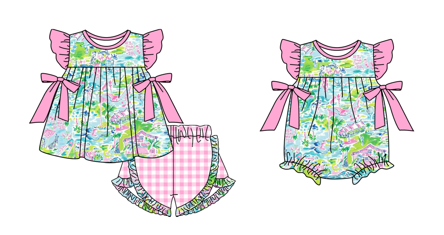 11.11 custom each style moq 5eta 4-6week Sibling Sister pattern baby girl short sleeve shorts sets and rompers match design