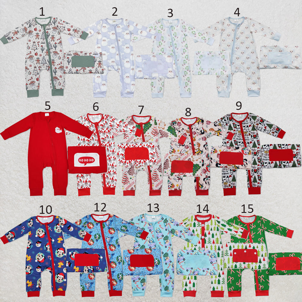 RTS NO MOQ Sibling milk silk Baby Boys Girls Christmas Tree Cake Print Bamboo Fabric Zip Up Rompers