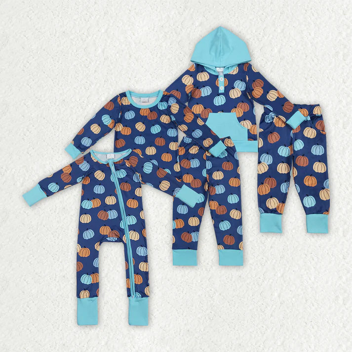 RTS NO MOQ Sibling Baby boy clothes halloween pumpkin hooded long-sleeved trousers suit & romper