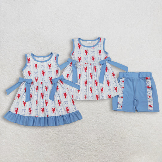 RTS NO MOQ sibling baby girls clothes bow lobster short sleeve Clothes Sets and dress