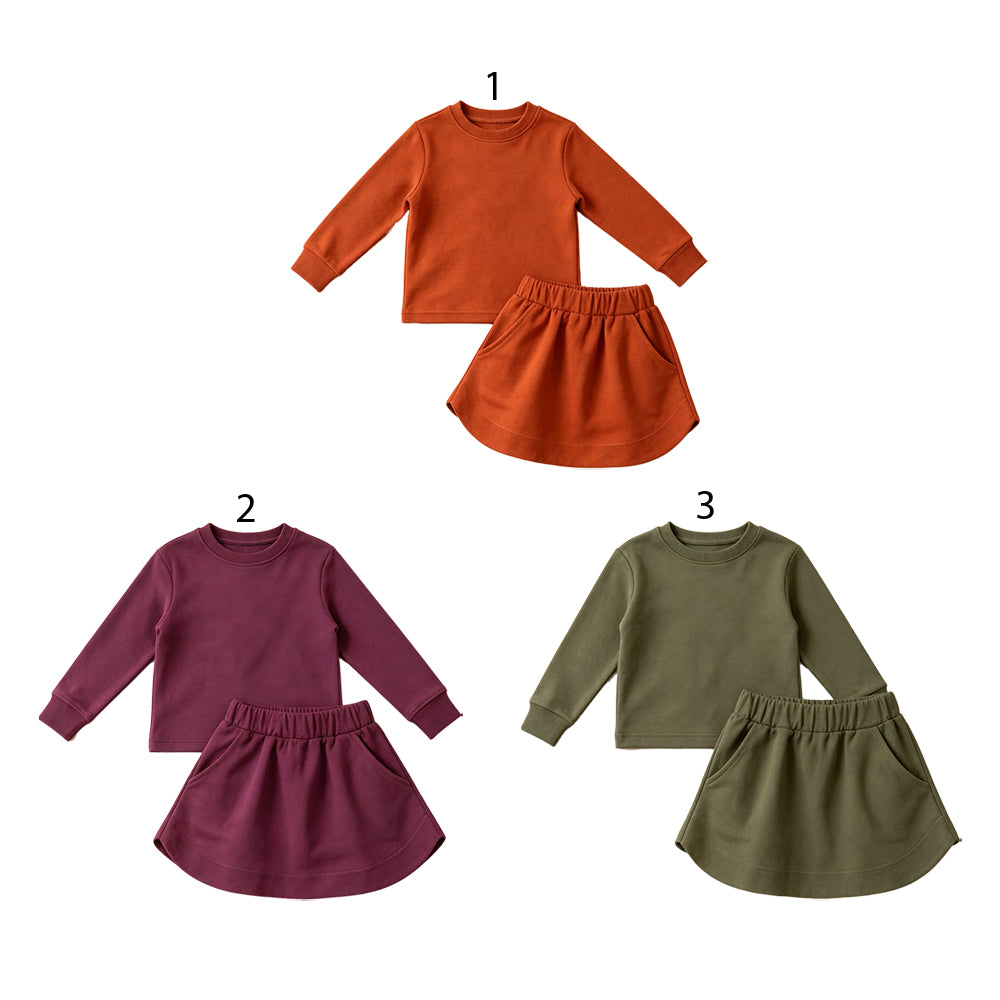 (Preorder new) No moq cotton Baby Girls Solid Color Long Sleeve Pocket Top Matching Skort Daily Clothes Set