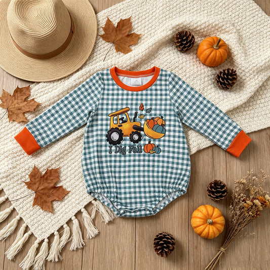 NEW RTS NO MOQ milk silk LR3237 Baby Boys Pumpkins Truck Checked Fall Long Sleeve Romper