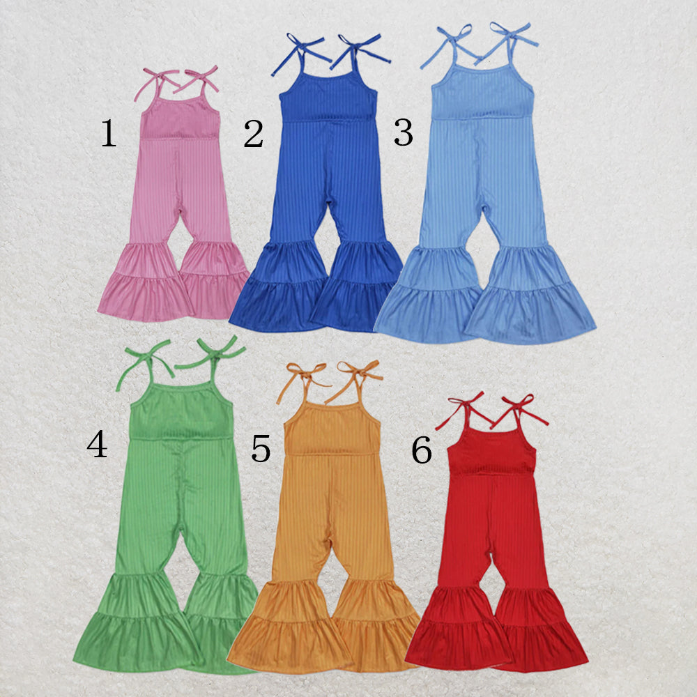 RTS NO MOQ milk silk Sibling Baby Girls Colorful Strap Bell Bottom Ribbed Jumpsuits