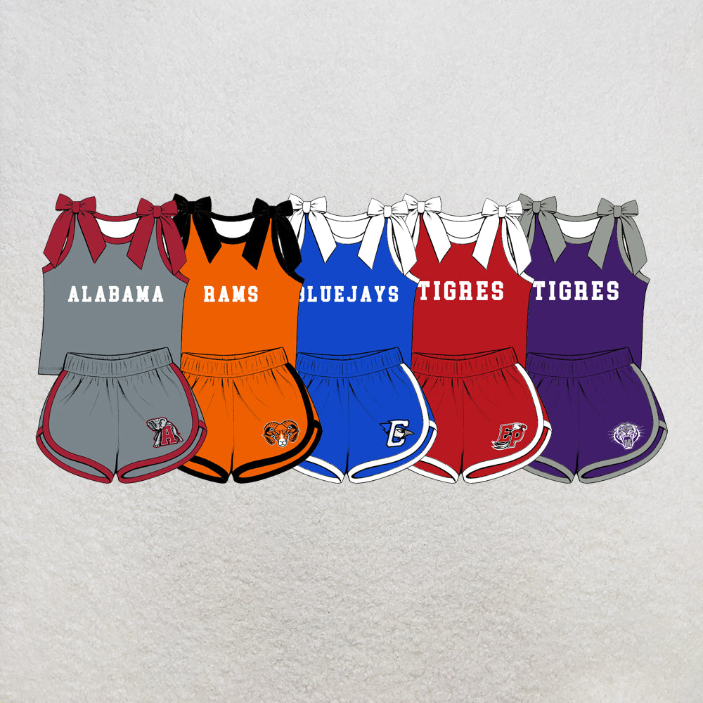 custom moq 5 mix size XY071601 Baby Girls Letter Printed Bow Sleeveless Top Shorts Summer Team Outfit
