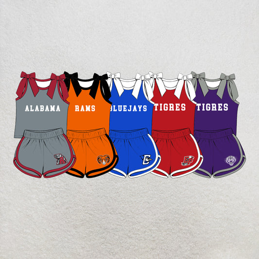 custom moq 5 mix size XY071601 Baby Girls Letter Printed Bow Sleeveless Top Shorts Summer Team Outfit