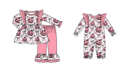 25.6.3 custom each style moq 5eta 4-6week Sibling Sisters pumpkin bow pink baby girl long sleeve pants sets and rompers match family design
