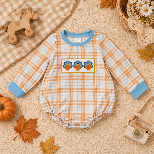 NEW RTS NO MOQmilk silk LR3138 Embroidery Pumpkins Turkey Baby Boys Long Sleeve Thanksgivings Checked Rompers