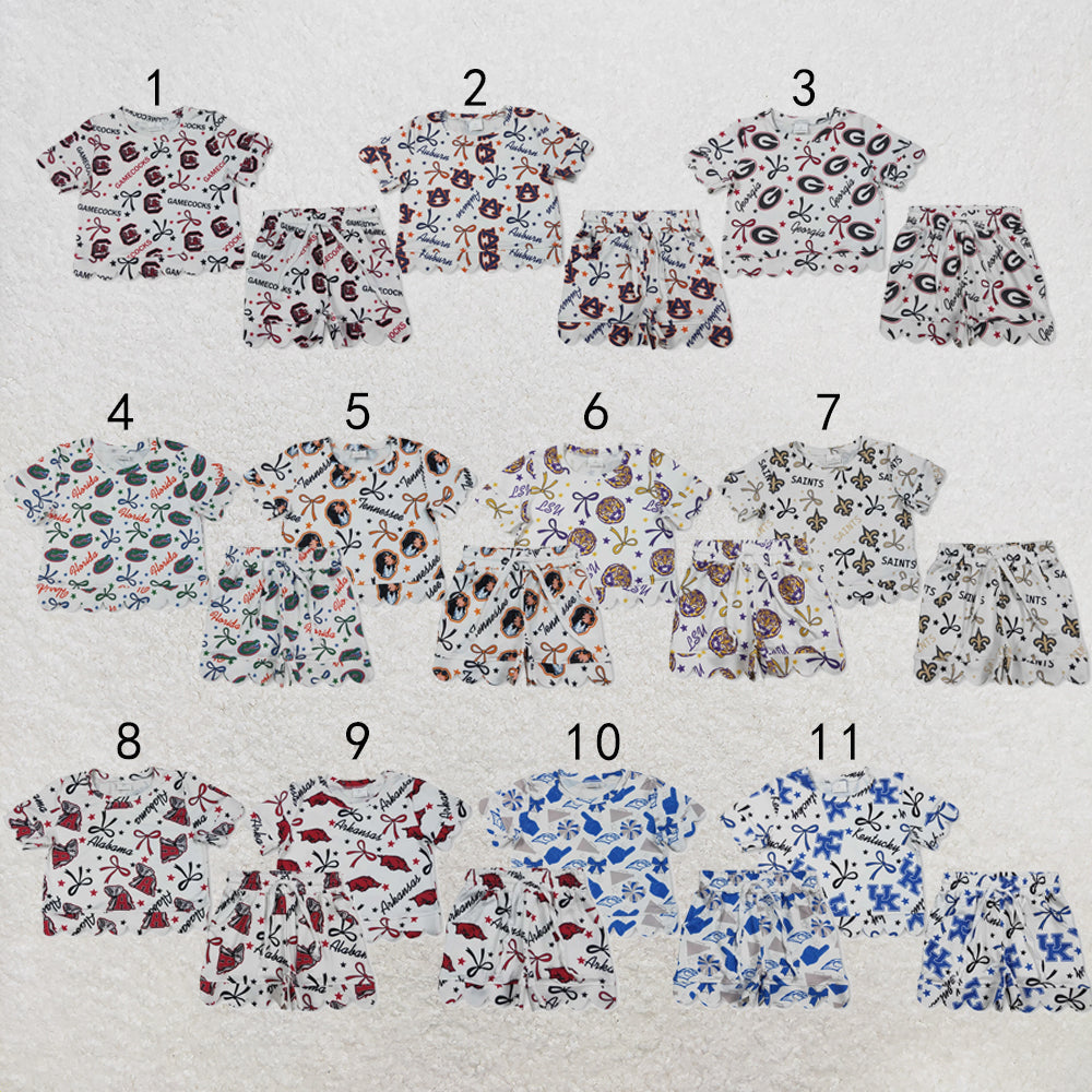 RTS NO MOQ Sibling milk silk Baby Girls Bows Print Top Pockets Shorts Team Scallop Clothes Sets