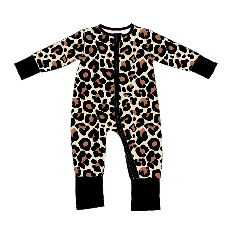 Custom moq 3 eta 7/8week moq 5 eta /4/5week Brown and black leopard print long zip-up jumpsuit