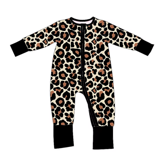 Custom moq 3 eta 7/8week moq 5 eta /4/5week Brown and black leopard print long zip-up jumpsuit