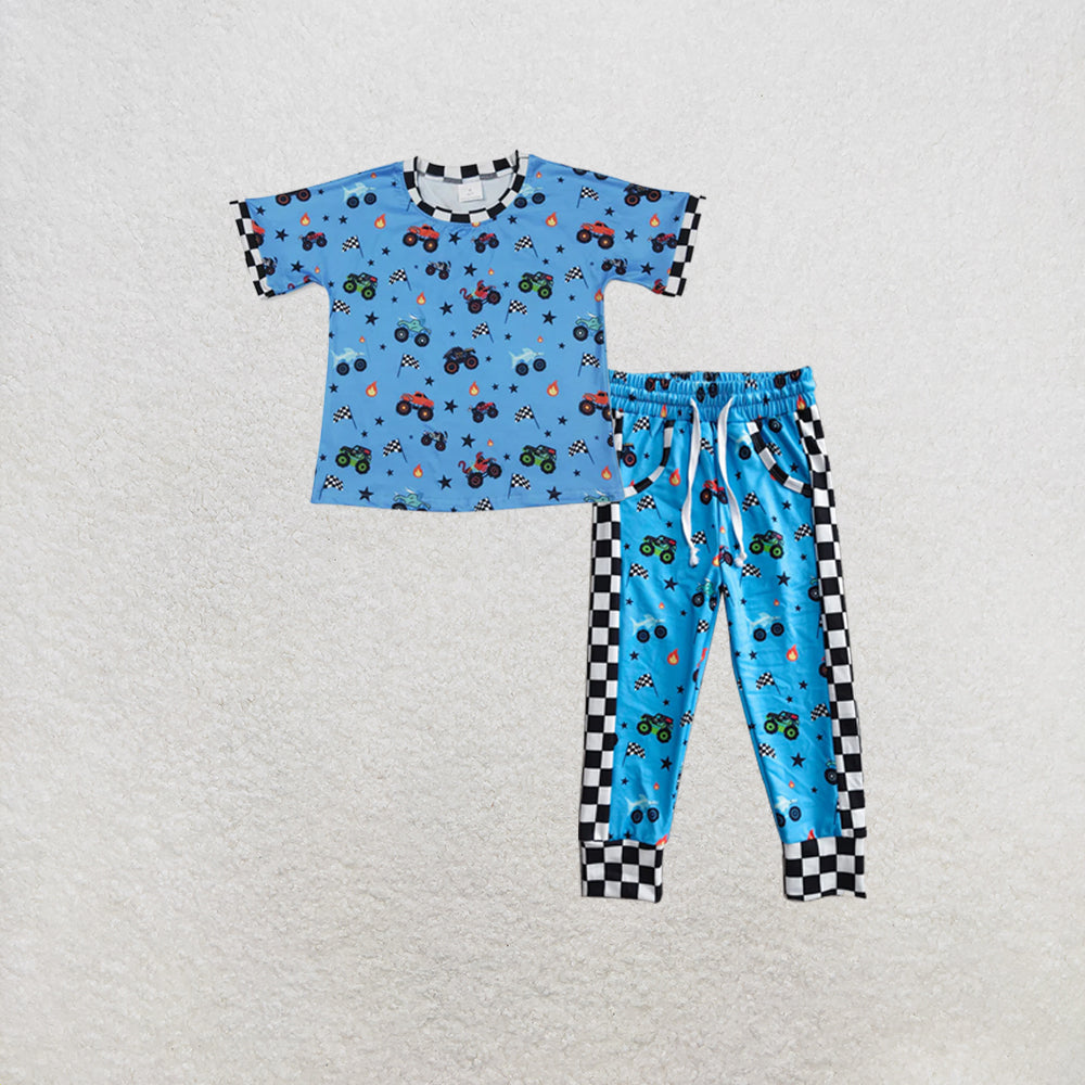 RTS NO MOQ milk silk BT1496+P0950 Baby Boys Blue Short Sleeve Motor Cars Flags 4th of July T-shirts Top Pant Set