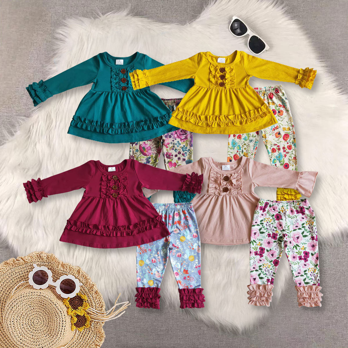 RTS NO MOQ Sibling baby girl clothes Solid Color Lace Cuff Long Sleeve Top & Ruffle Hem Mixed Long Sleeve Pants sets