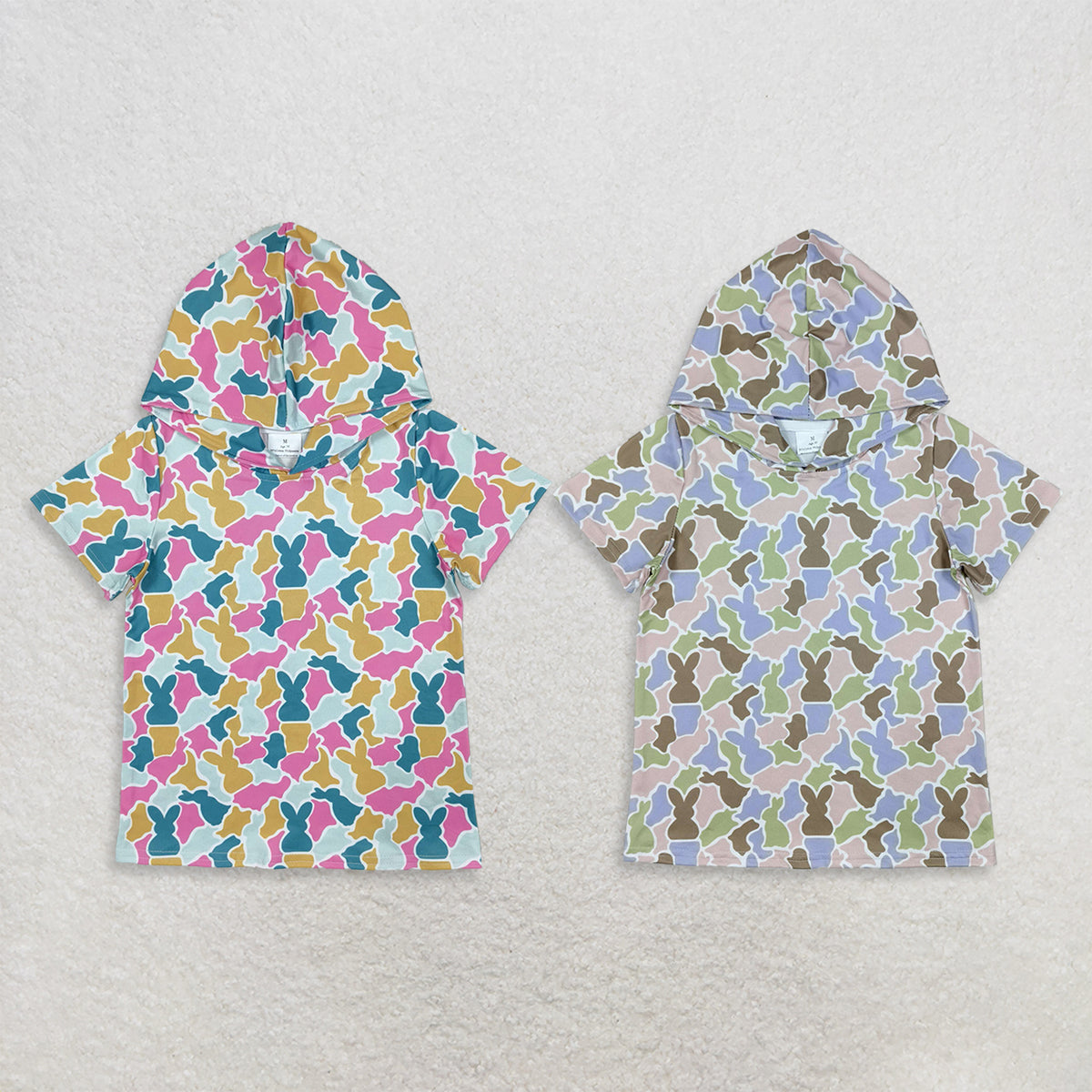 RTS NO MOQ Sibling milk silk Baby Girls Easter Bunny Camo Print Short Sleeve Hooded T Shirt
