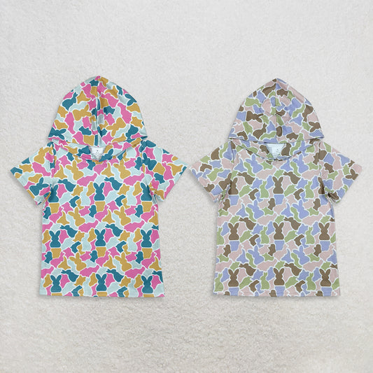 RTS NO MOQ Sibling milk silk Baby Girls Easter Bunny Camo Print Short Sleeve Hooded T Shirt