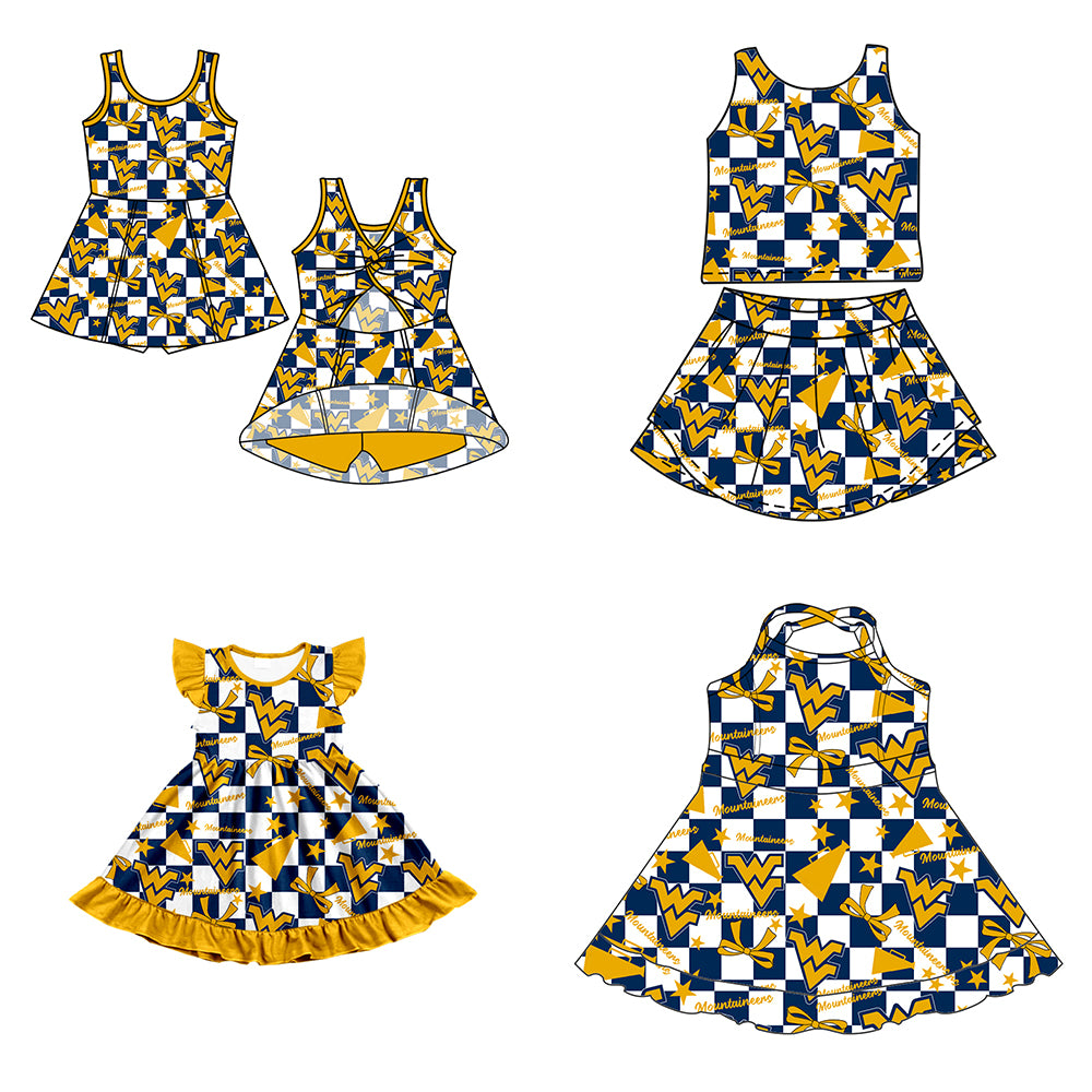Custom moq 5 mix size milk silk summer teams baby girls clothes team bow yellow sleeveless skirts sets and dress 1 and dress 2 and dress 3-25.6.30