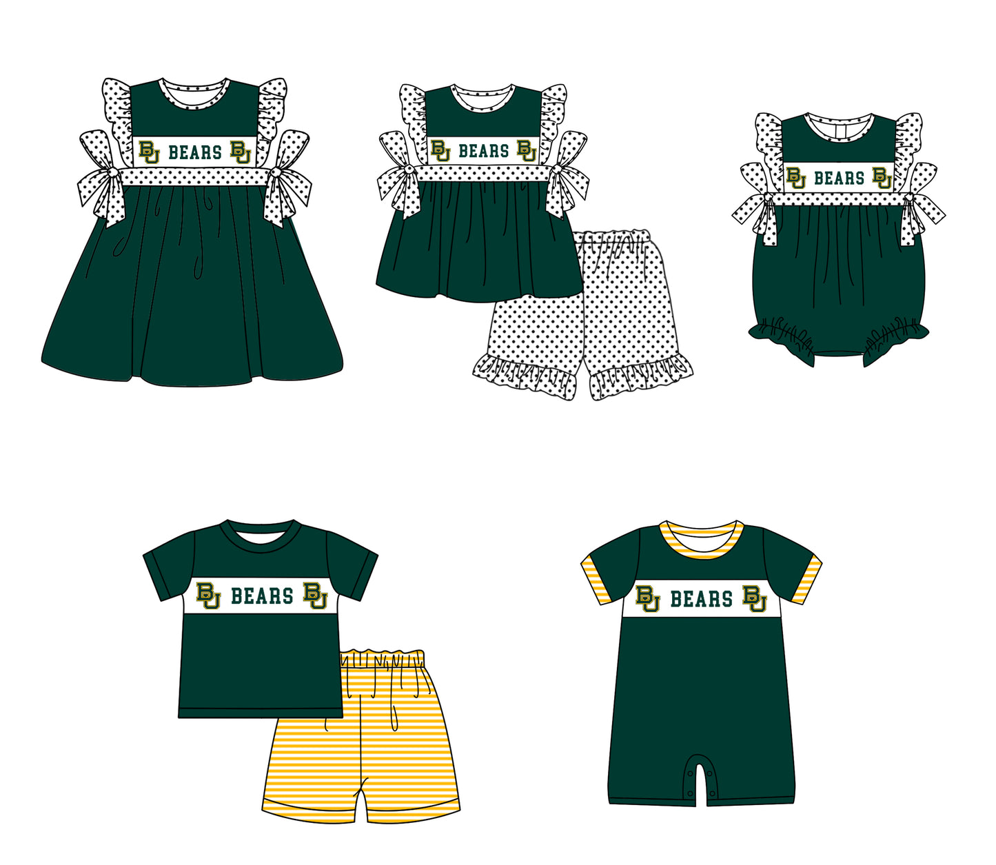 Custom moq 5 mix size milk silk summer teams baby girl boys clothes Dark green short sleeve shorts sets 2  and dress and rompers 2 series