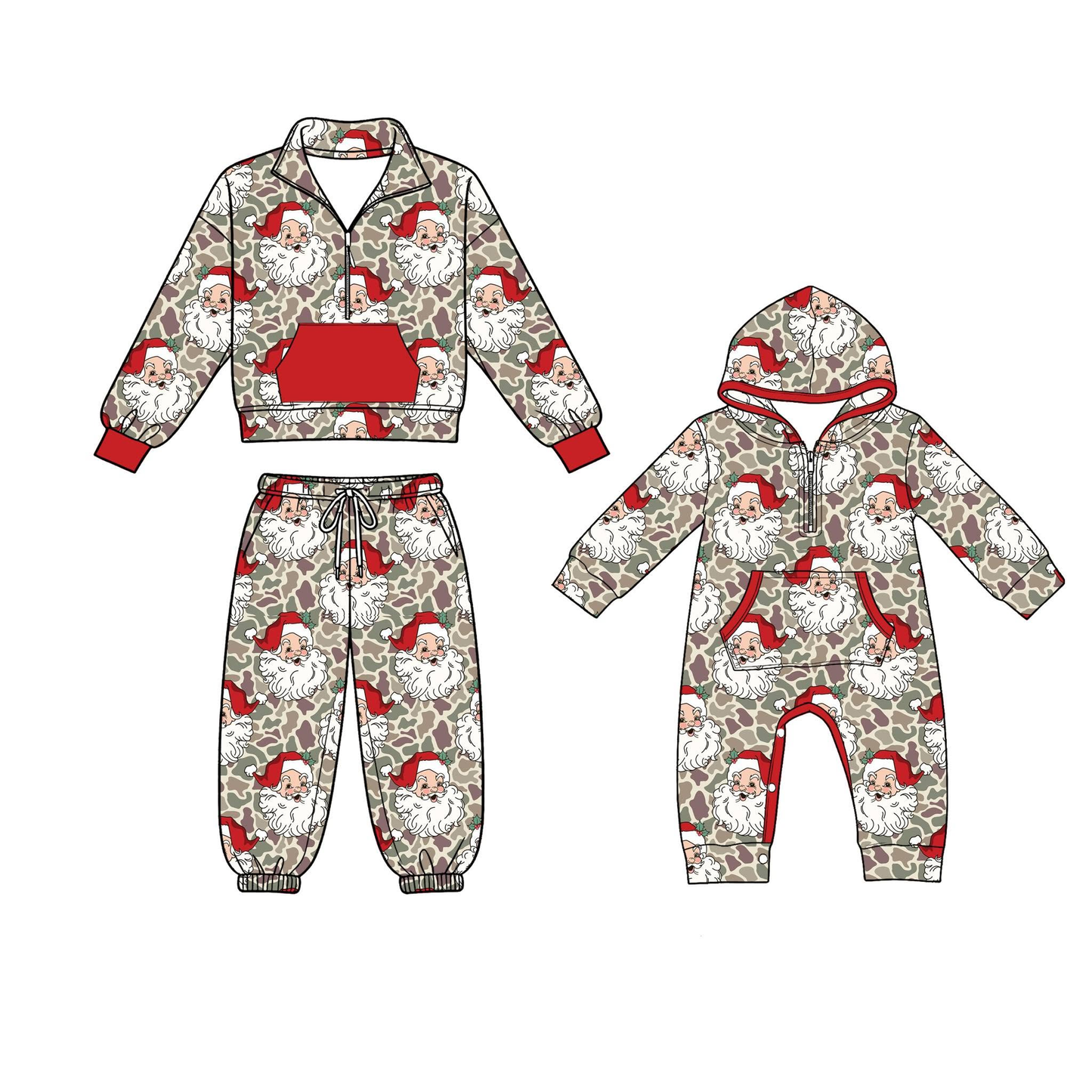 (Preorder new) No moq Baby Boys Khaki Camo Santa Zip Pocket Pullovers Joggers Christmas Outfit Rompers