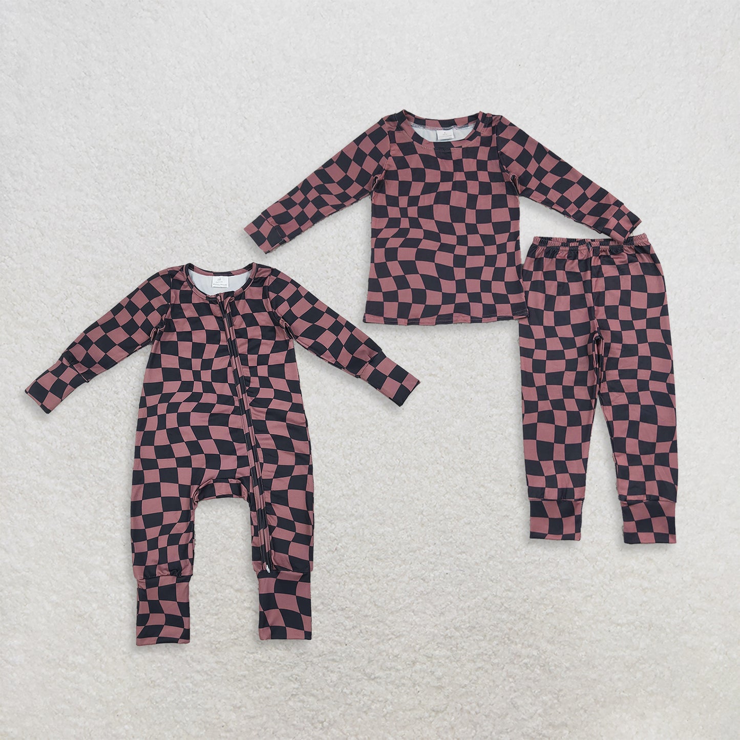 RTS NO MOQ Sibling milk silk Baby Boys Checkerboard Print Top Matching Pants Pajamas Clothes Set Two Way Zip Convertible Rompers
