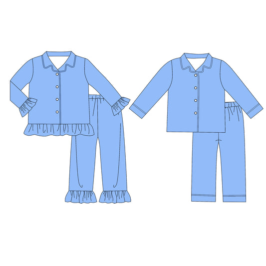 custom moq 5 mix size Baby Boys And Girls Solid Light Blue Long Sleeve Collared Button Down Pant Pajama Set