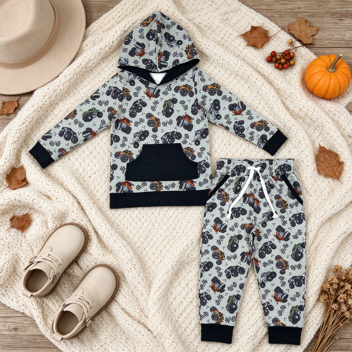 NEW RTS NO MOQ milk silk BLP1511 Baby Boys Long Sleeve Flags Print Pocket Hoodie Jogger Pants Outfit