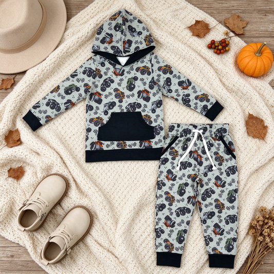 NEW RTS NO MOQ milk silk BLP1511 Baby Boys Long Sleeve Flags Print Pocket Hoodie Jogger Pants Outfit