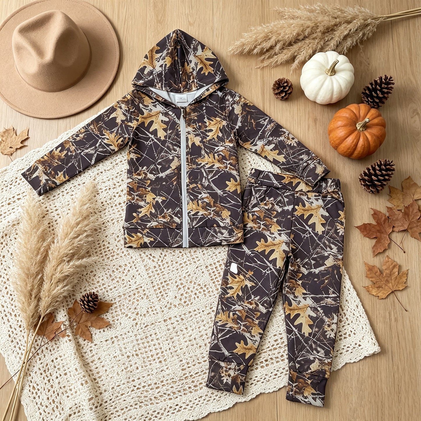 RTS No moq milk silk BLP1439 Baby Boys Southern Leaves Camo Pocket Zip Hoodies Jacket Joggers Clothes Sets