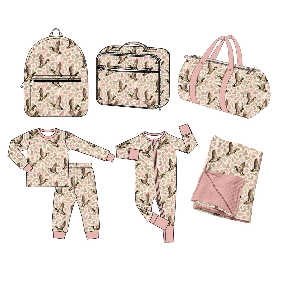 (Preorder new) No moq Baby Kids Pink Camo Duck Print Kids Backpack Lunch Box Duffle Bag Pajama Romper Minky Blanket Set