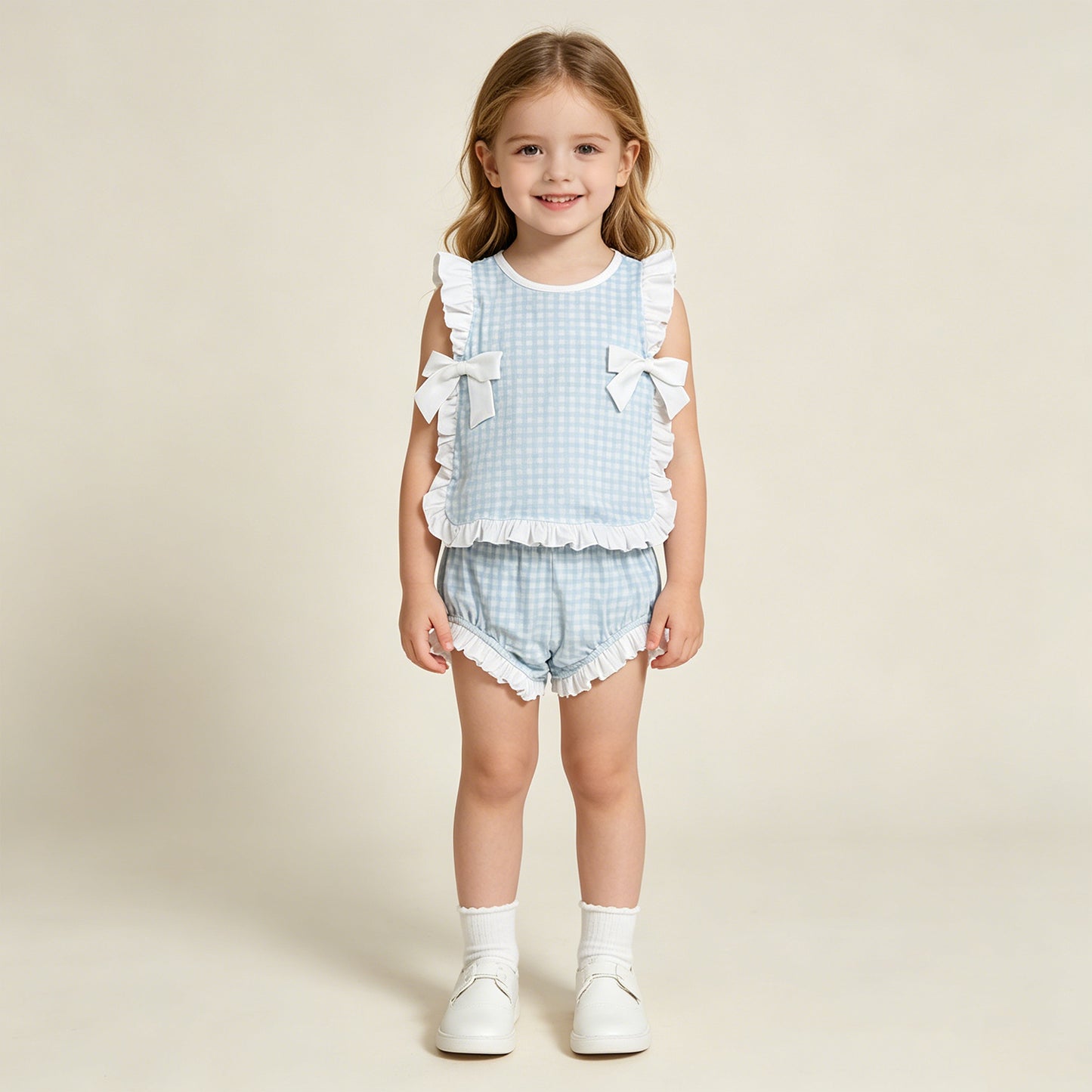 RTS NO MOQ milk silk GBO0529 Baby Girls Cute Light Blue Checked Bow Tunic Bummies Set