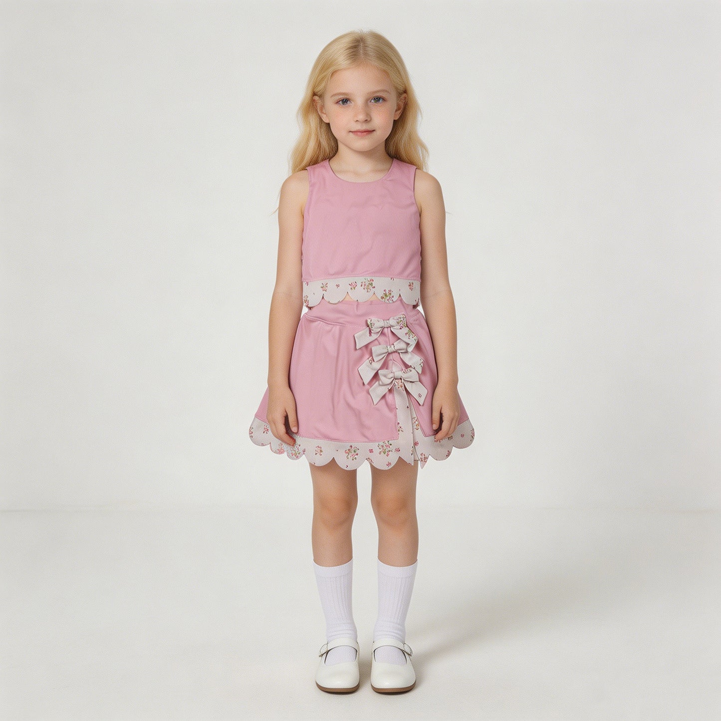 RTS NO MOQ yoga fabric GSD3321 Baby Girls Light Pink Floral Vest Bow Scallop Skort Active Set