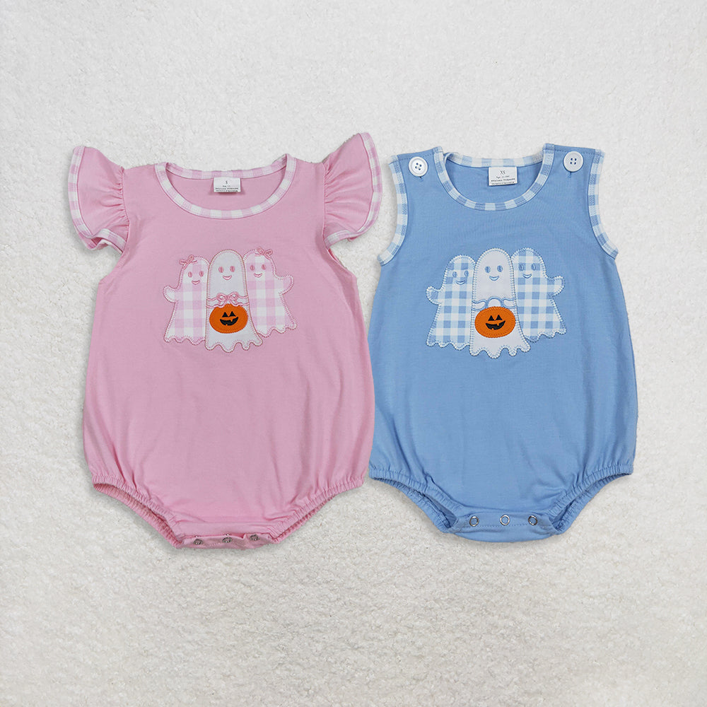 RTS NO MOQ Sibling Baby girls boy clothes embroidery halloween pumpkin short sleeve rompers