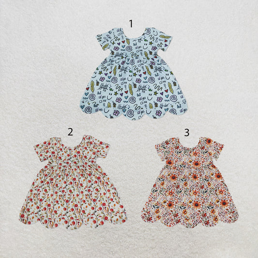 RTS NO MOQ Sibling milk silk Baby Girls Sunflower Print Short Sleeve Scallop Trim Knee Length Dress