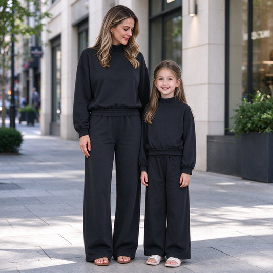 RTS NO MOQ Sibling cotton Adult To Match Kids High Neck Black Mock Neck Long Sleeve Top Wide Leg Pants Set