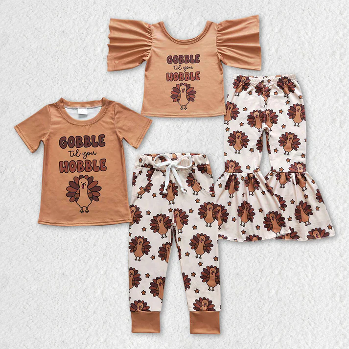 RTS NO MOQ Baby Girls Boys Gobble Turkey Thanksgiving Sibling Clothes Sets