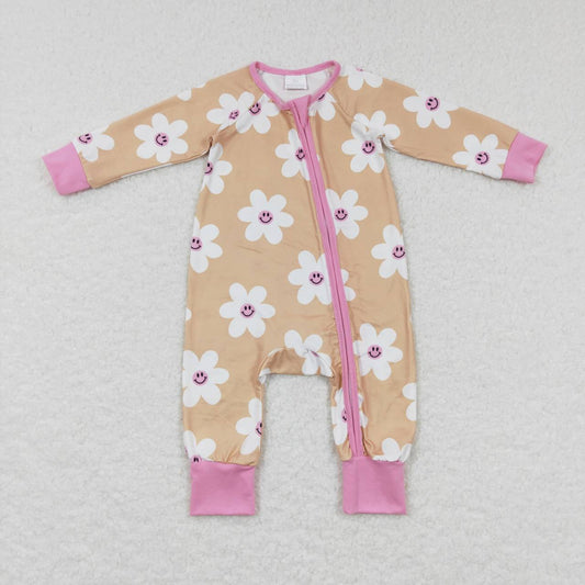 LR0732 Floral Yellow Pink Zip Long Sleeve Jumpsuit
