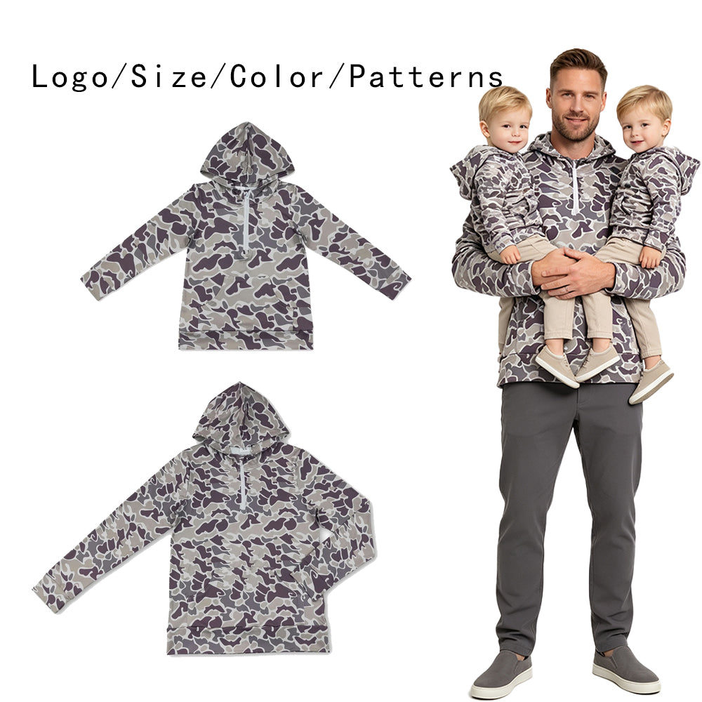 RTS NO MOQ Sibling milk silk Adult To Match Kids Grey Camo Camo Long Sleeve Zip Pocket Hoodies Tops