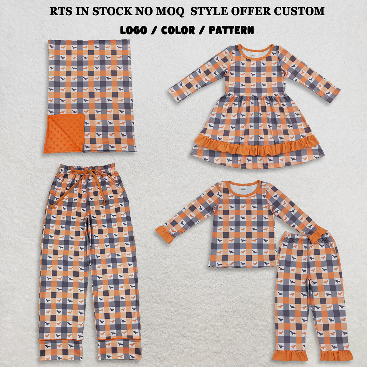 RTS NO MOQ Sibling milk silk Girls Checked Print Long Sleeve Top Pant Halloween Pajama Set Dress Blankets Adult Pants
